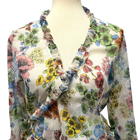Alexis Missie Floral Sheer Long Sleeve Wrap Tie Top Women’s Small - Picture 6 of 13